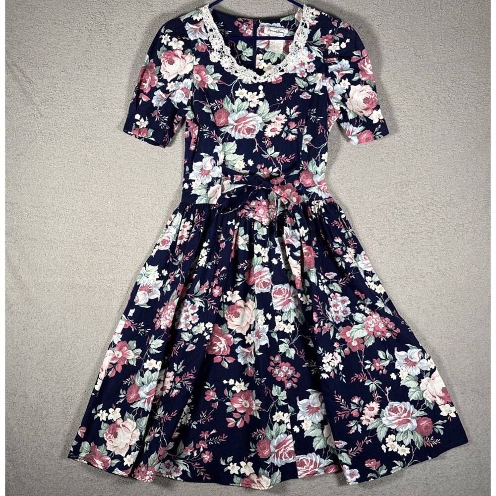 Especially Yours‎ Vintage 90s Navy Floral Lace Trim Midi Dress Women Size 7